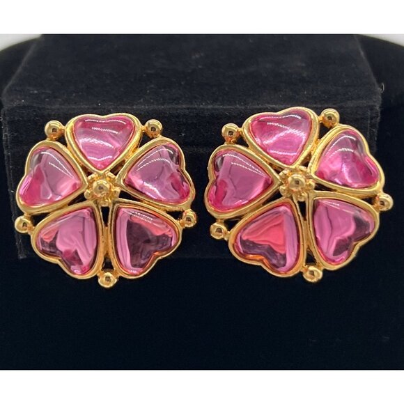 Trifari Gold-Tone Pink Heart Flower Clip-On Earrings Costume Jewelry Vintage - Picture 2 of 6